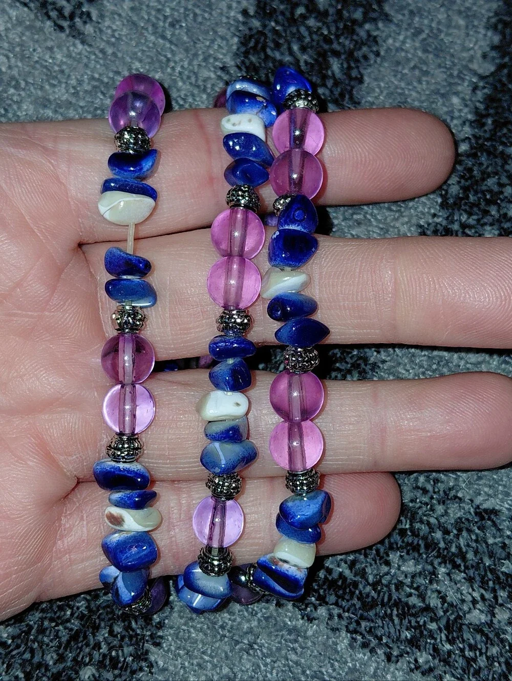 Vintage Boho Beaded Bracelet Watch Blue Stone Pink Glass Silver Floral Quartz CC